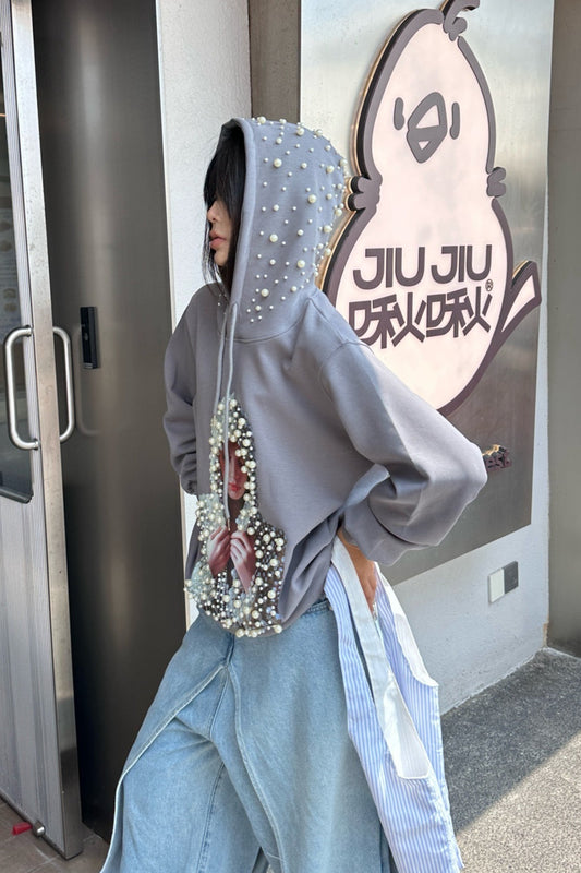 Beaded Graphic Print Edgy Streetwear Hooded Oversized Hoodie