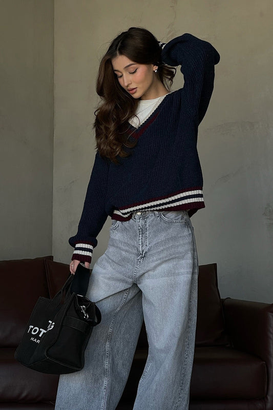 Striped Contrast V Neck Loose Long Sleeve Sweater