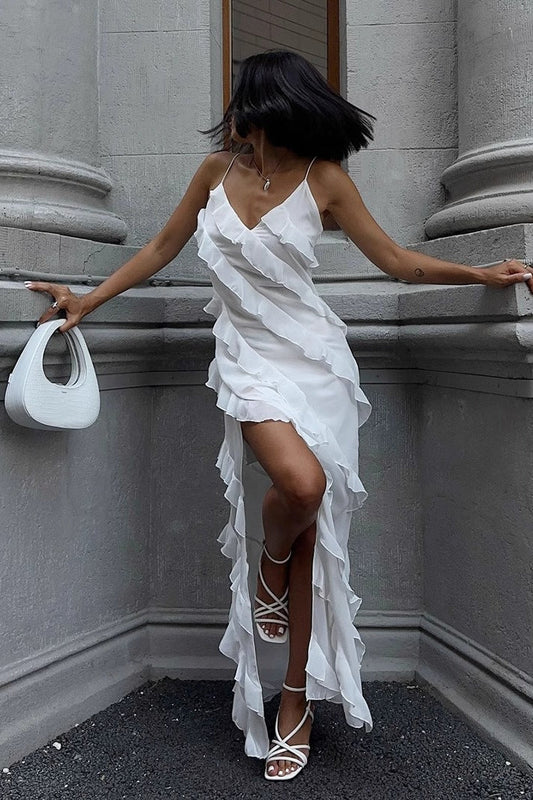 Ruffled Strapless Slit Bodycon Maxi Dress