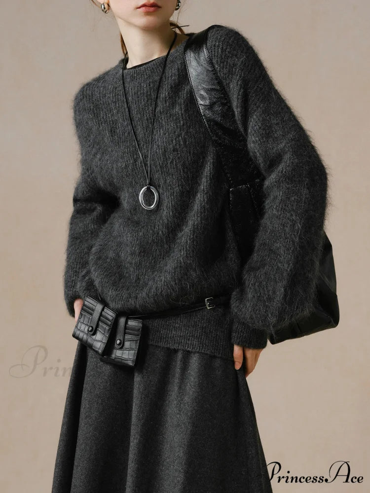 55.8% Alpaca Wool Circular Neck Sweater Dark Grey / XS swraters-241228