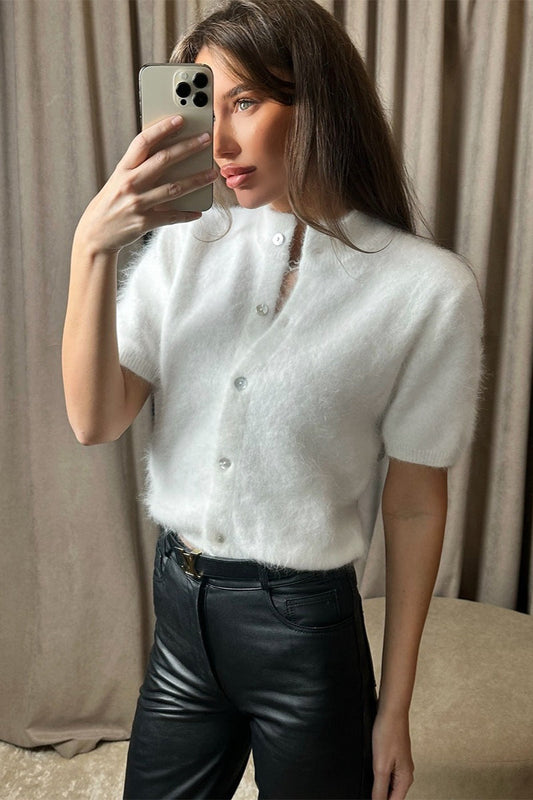 Fuzzy Short Sleeve Button Front Knit Sweater