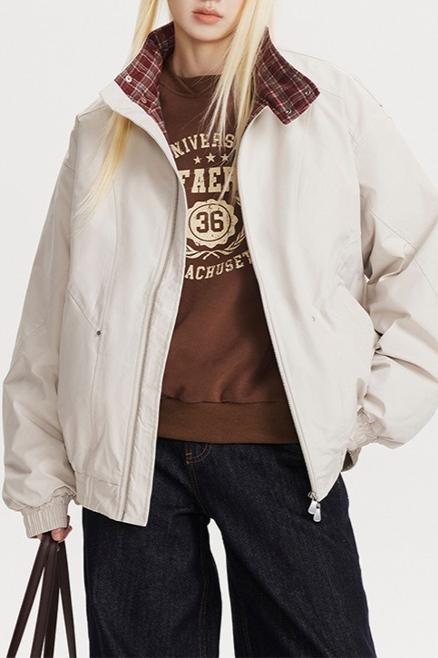 Vintage Plaid Paneled Stand Collar Loose Warm Christmas Outerwear