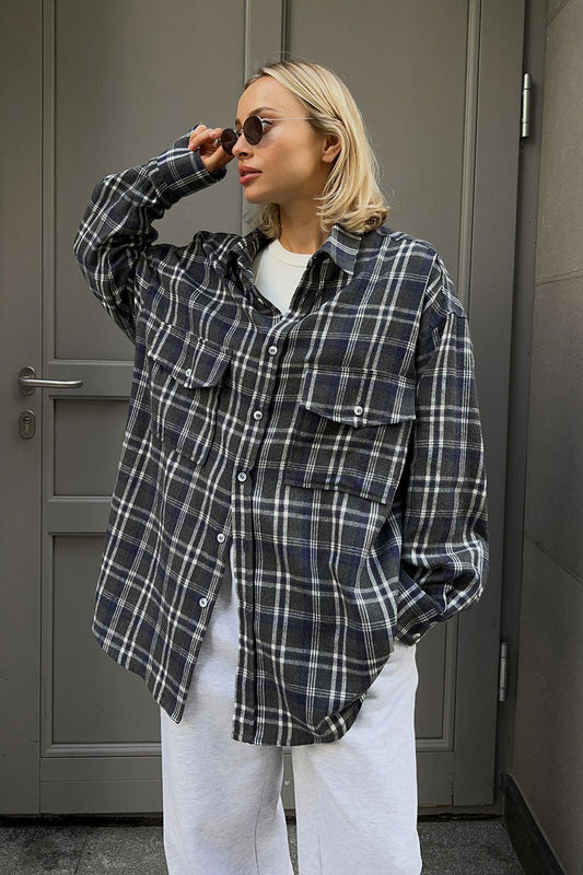 Plaid Mid Length Double Pocket Shirt Blouse