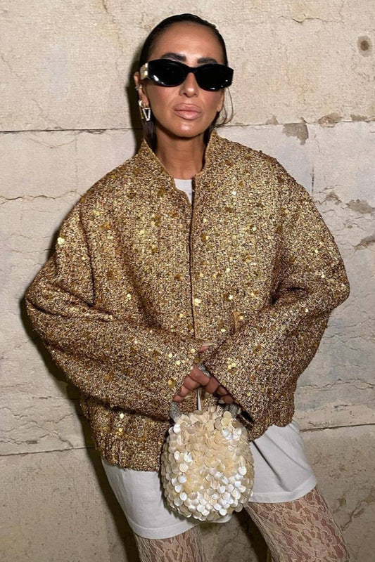 Gold 3D Sequin Embroidered Wool Blend Pocket Coat