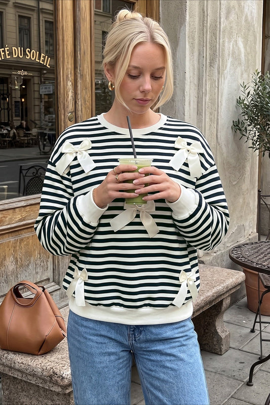 Striped Bow Detail Crewneck Sweatshirt