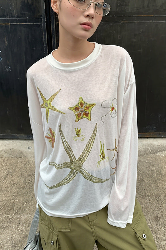 Casual Starfish Sheer Long Sleeve T-shirt