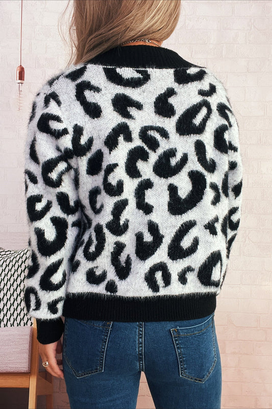 Cropped Animal Print Knit Cardigan