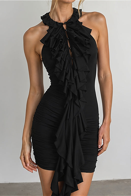 Hollow Ruffle Halter Bodycon Mini Dress
