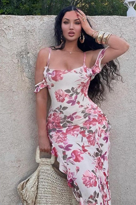 Floral Fitted Spaghetti Strap Casual Maxi Dress