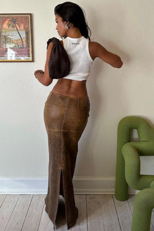 PU Leather Slim Fit Split Midi Skirt