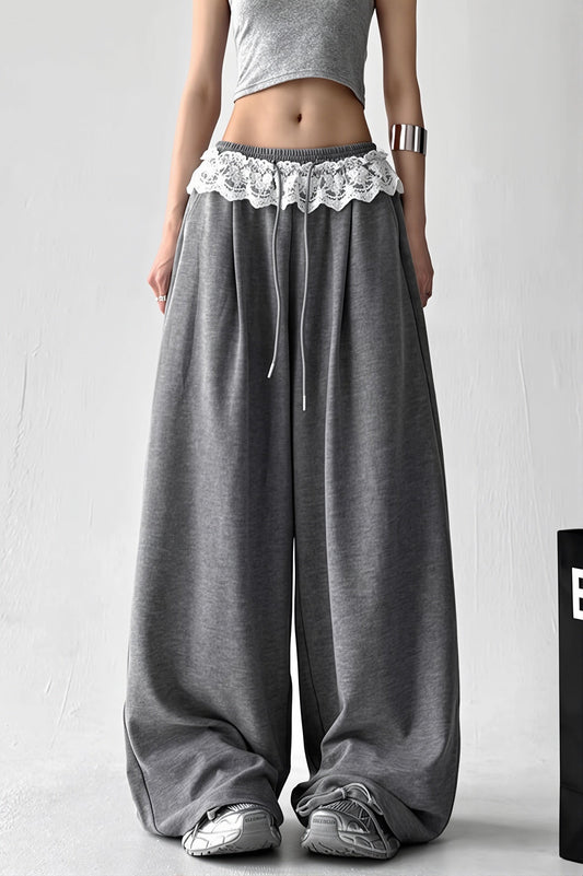 Lace Waist Wide Leg Sweat Pants