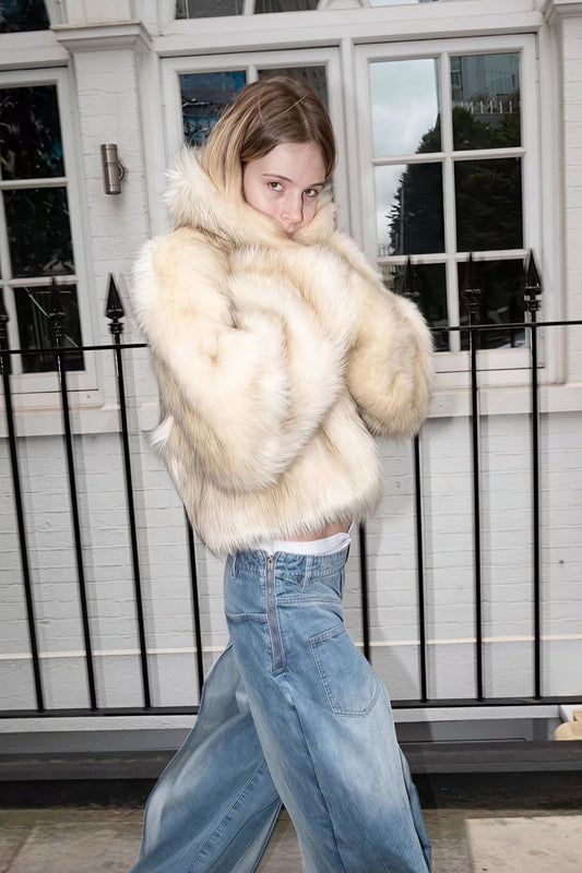 Short Faux Fox Fur Quilted Coat