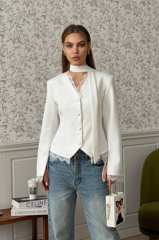 Lace Trim Fitted Single Breasted Blazer