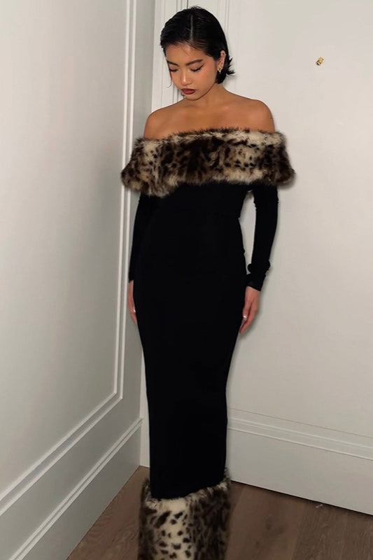 Sexy Off-shoulder Leopard Print Fur Trim Bodycon Maxi Dress