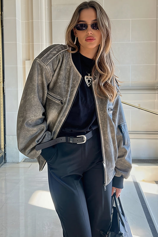 Washed Faux Leather Bomber Jacket