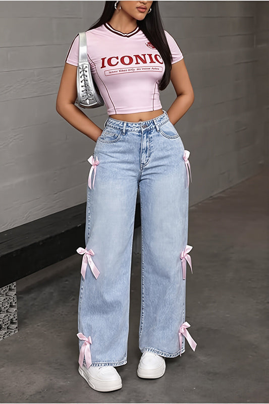 Bow Patch Washed Loose Straight Jeans