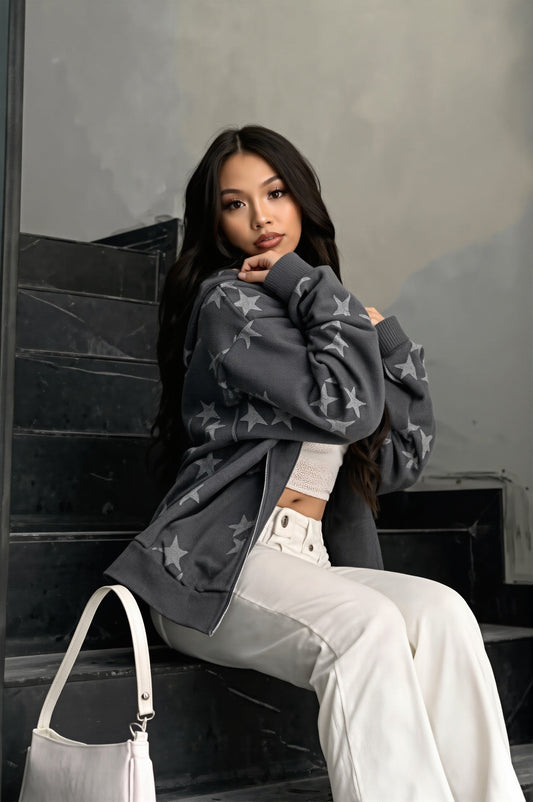 Star Print Oversize Pocket Zip Hoodie