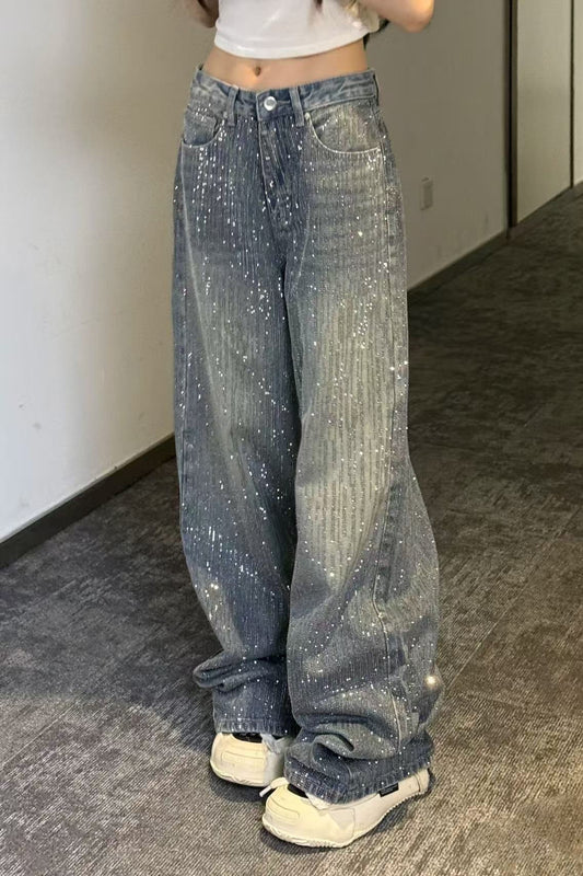 Sparkly All Rhinestone Washed Loose Wide Leg Jeans