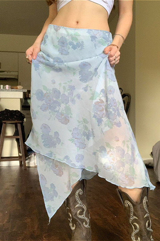 Floral Mesh Asymmetrical Slimming Skirt