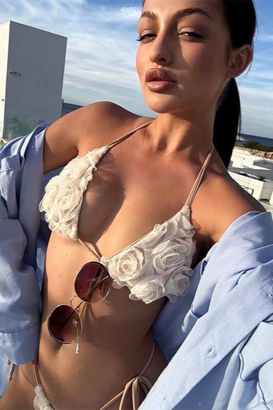 Sexy Lace Rose Tie Strap Bikini Set