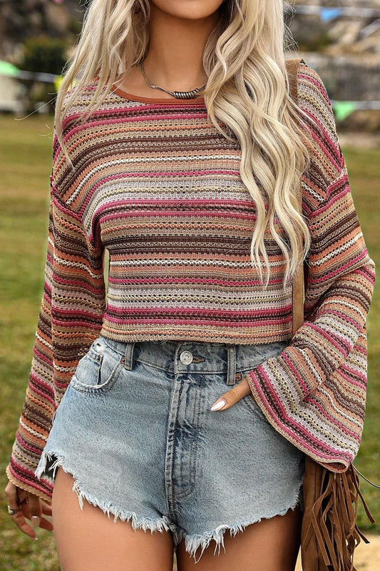Sheer Striped Bell Sleeve Cropped Top