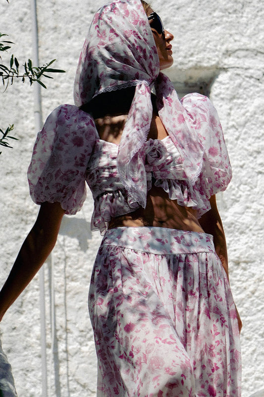 Pink White Floral Puff Sleeve Top Lantern Pants Two Piece Set
