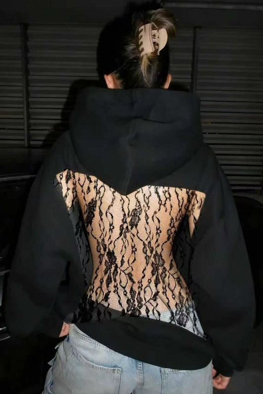 Hollow Mesh Long Sleeve Pullover Hoodie