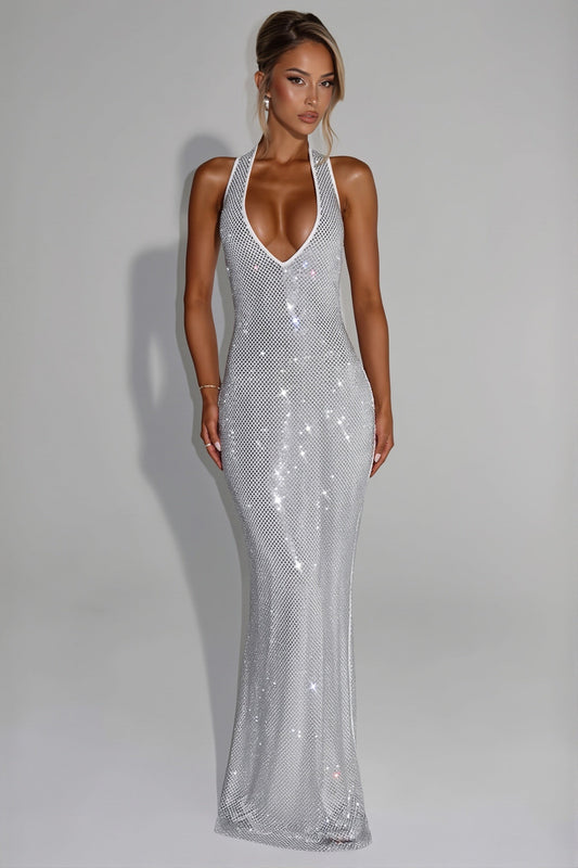 Sequin Deep V-Neck Bodycon Maxi Dress