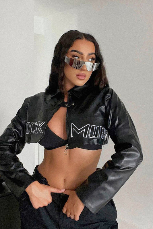 Embroidered Letter PU Leather Coat