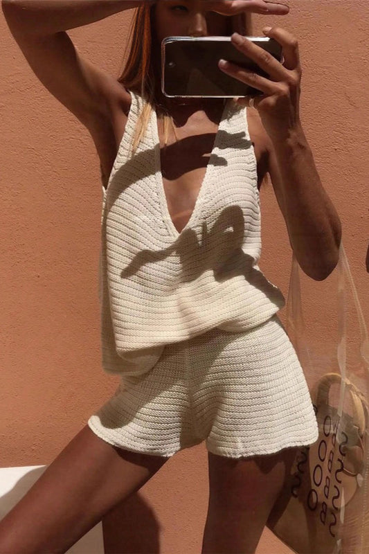 Deep V Sleeveless Knit Top and Shorts Set