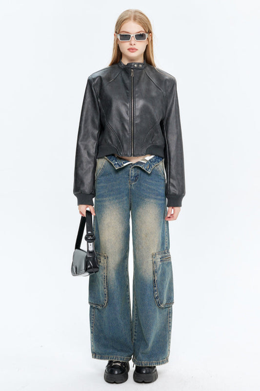 PU Leather Zip Up Bomber Jacket