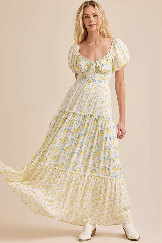 Puff Sleeve Floral V Neck Boho Dress