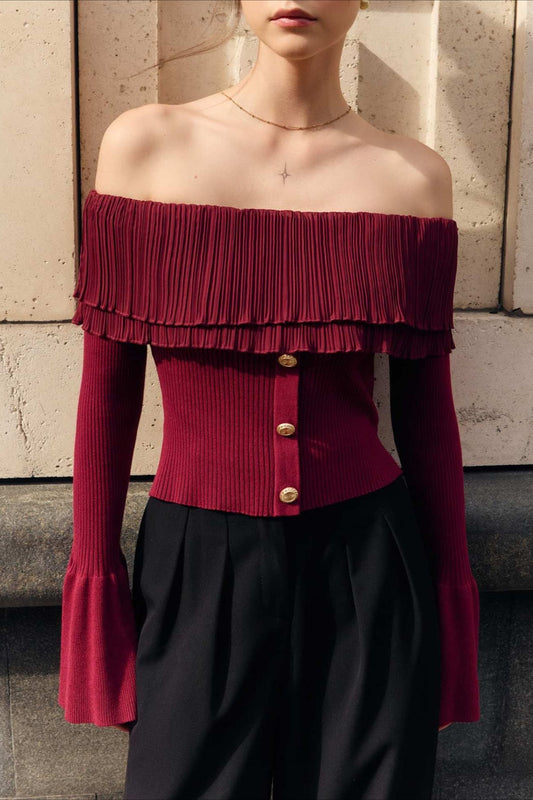 Paneled Ruched Buttoned Off-the-Shoulder Long Sleeve Tee