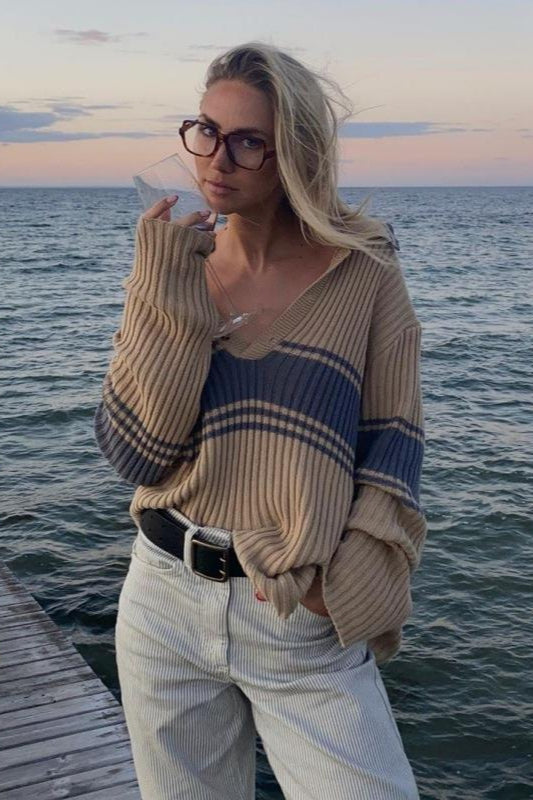 Striped Colorblock Long Sleeve Knit Sweater