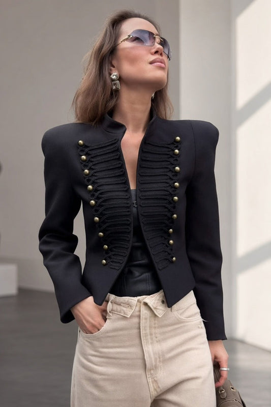 Braided Military-Button Cropped Jacket