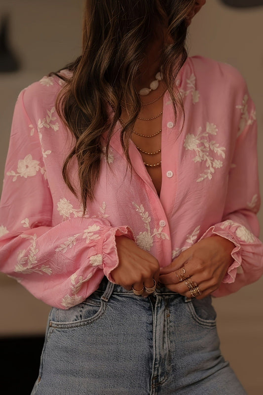 Collared Print Puff Sleeve Blouse