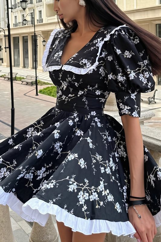 Floral Peter Pan Puff Sleeve Mini Dress