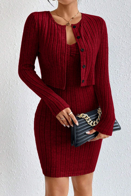 Elegant Solid Slim Crop Cardigan Dress Two Piece Set