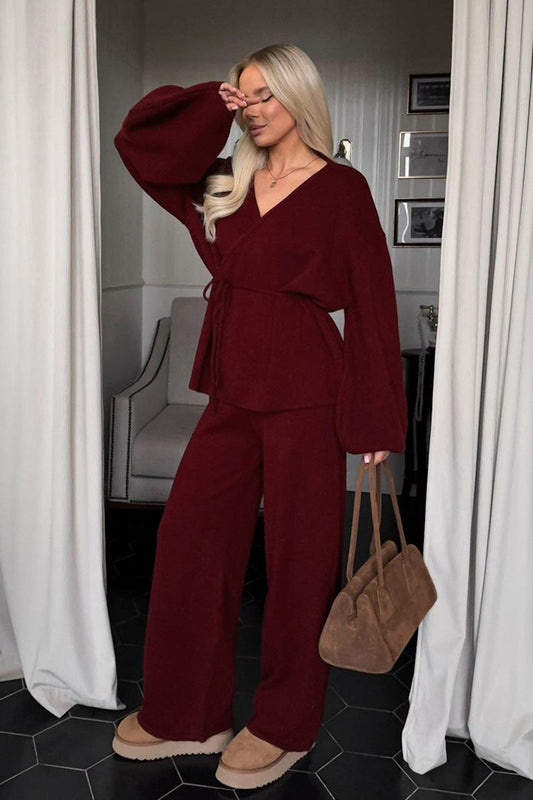 V Neck Tie Waist Knit Top Wide Leg Pants Set
