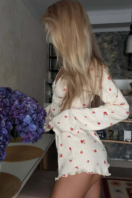 Knitted Floral Print Long Sleeve Two Piece Set