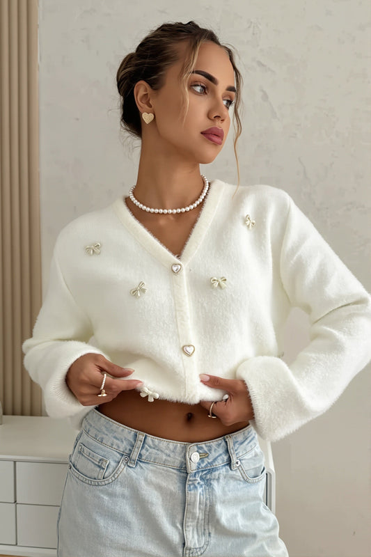 Fuzzy Bow Embellished V Neck Cardigan