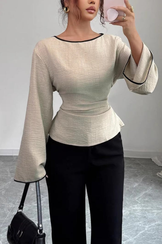 Solid Flare Sleeve Ruched Waist Blouse