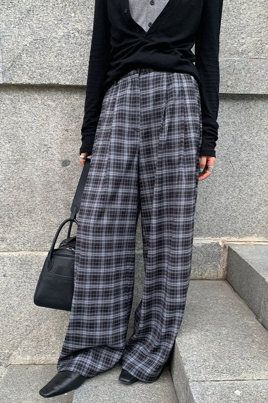 Draped Plaid High Waist Wide Leg Pants
