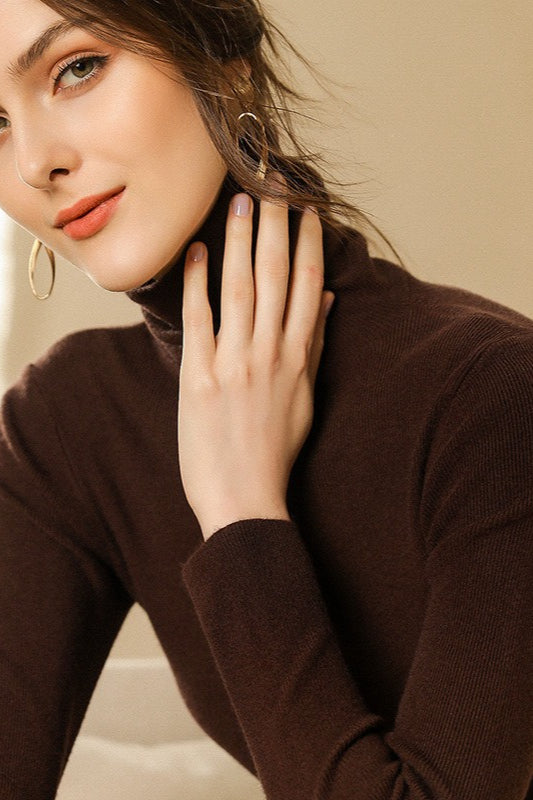 Ribbed Turtleneck Long-Sleeve Slim Stretch Knit Top Brown / S