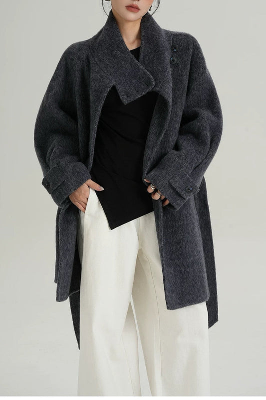 Chic Solid Wool Warm Loose Mock-neck Coat