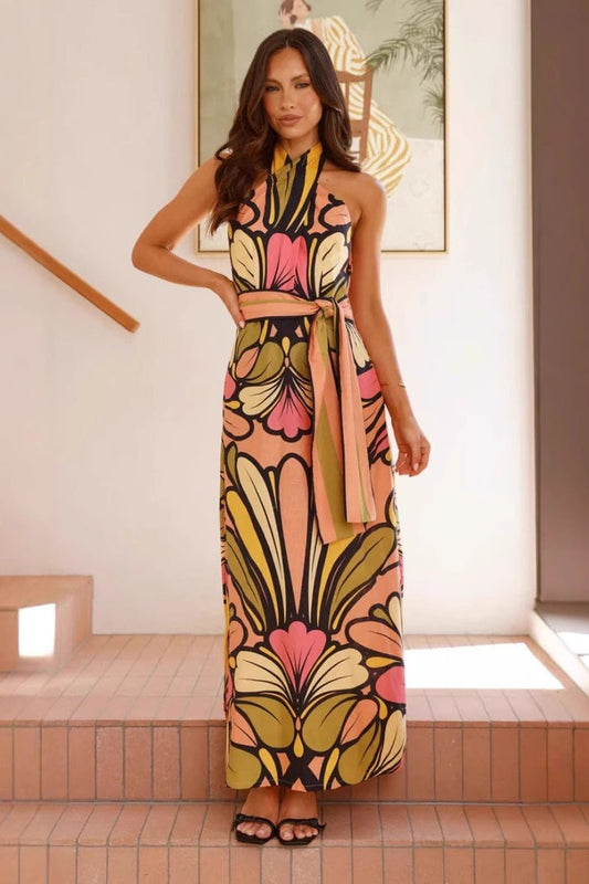 Floral Print Halter Belted Waist Maxi Dress