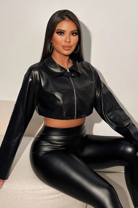 Puff-Sleeve Cropped Faux-Leather Jacket