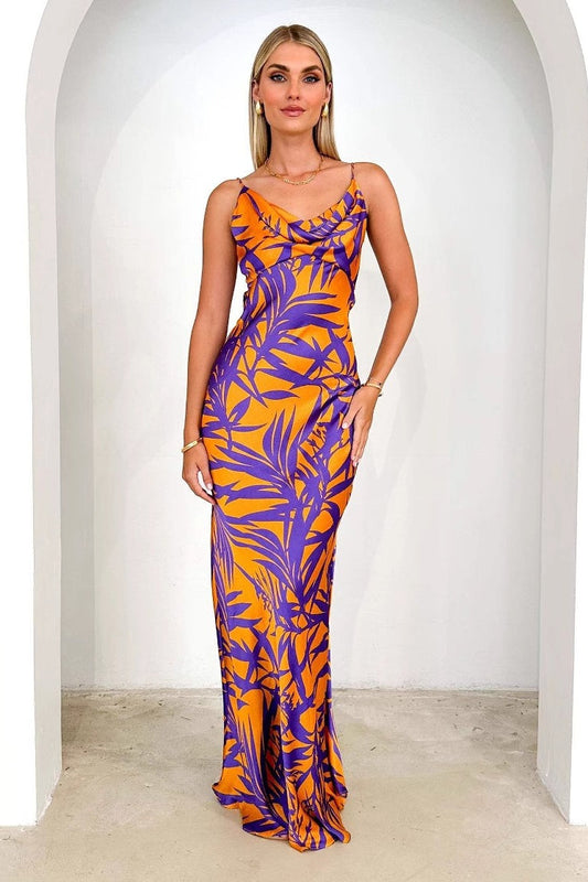 Sexy Purple Floral Print V-neck Slim Maxi Dress