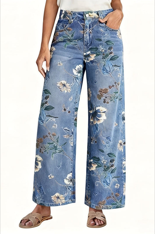 Floral Print Wide-Leg Jeans