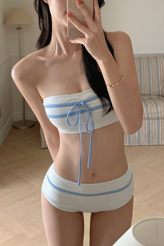Bandeau Color Block Bow Sweet Bikini Set